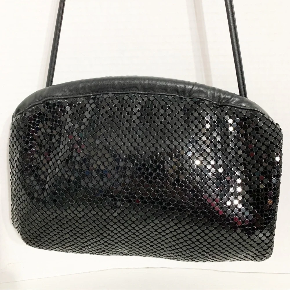 Vintage Whiting and Davis Chainmail Leather Crossbody Shoulder Bag Hinged Frame
